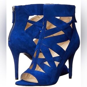 Nine West Delfina Blue Suede Leather Cut Out Open Toe Rear Zip Stiletto Heels